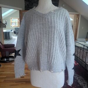 Vintage Havana Distressed Knit Sweater Star Sleeve Cropped Gray